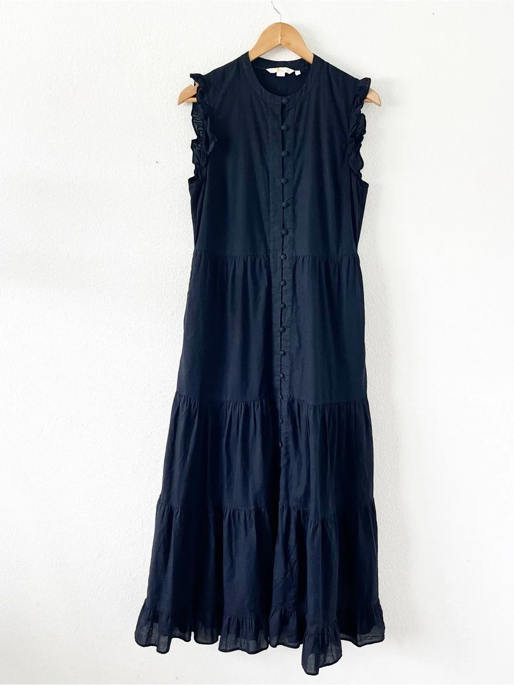 Boden Black Cotton Button Front Flutter Sleeve Minimalist Chic Midi Dress - Picture 2 of 10